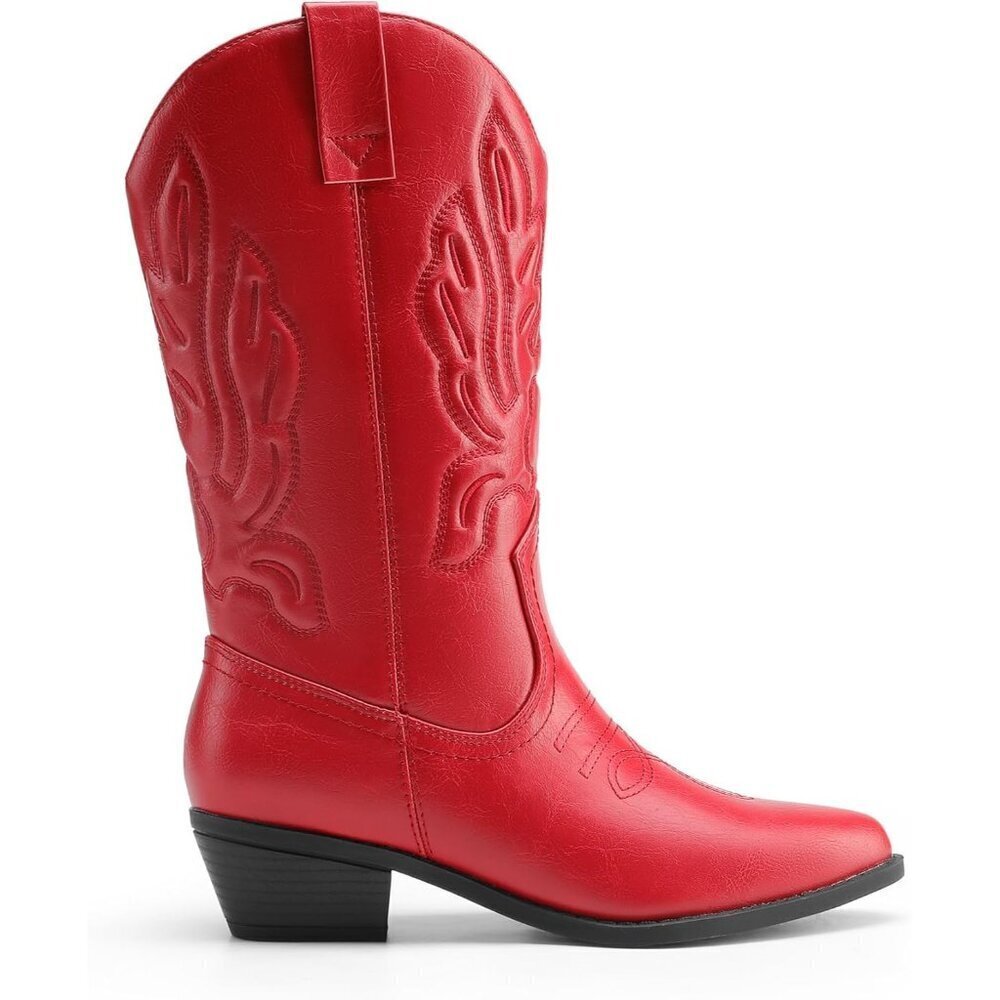 Women's Red Mid Calf Western Embroidery Stitched Faux Leather Cowgirl Boots - Picture 2 of 8